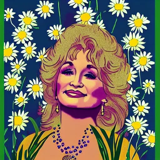 Image similar to young Dolly Parton surrounded by daisies, 70s poster design, retro, groovy, hippie