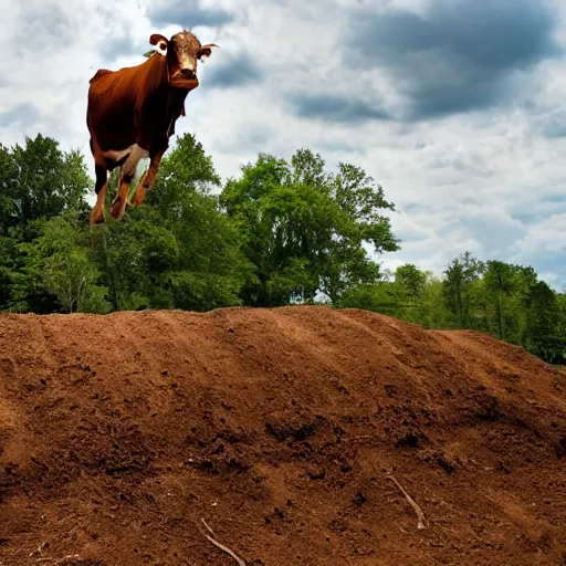 Image similar to a cow, standing on a motocross jump