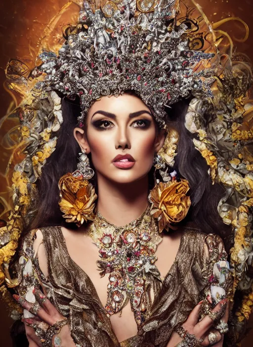 Image similar to expressive full body photo of a miss universe, ornate headpiece made from flowers, ornaments, glamour shot, by karol bak, by stefan gesell, photorealistic, canon r 3, fashion photography, hyper maximalist, elegant, ornate, luxury, elite, environmental portrait, symmetrical features, octane render, unreal engine, solid dark grey background, dramatic lights