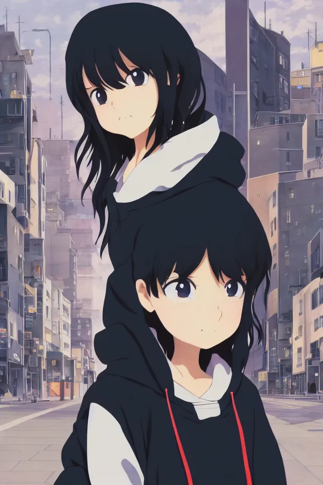 Image similar to anime visual, portrait of a young black haired girl wearing hoodie on the city street background, one person, cute face by yoh yoshinari, katsura masakazu, studio lighting, half body shot, strong silhouette, anime cels, ilya kuvshinov, cel shaded, crisp and sharp, rounded eyes