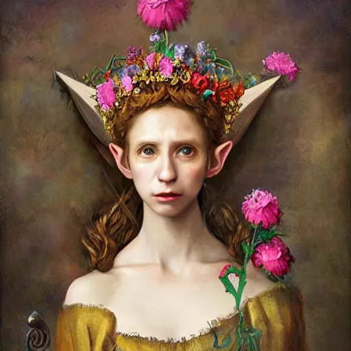 Prompt: portrait of an elf holding a dagger. he wears a crown of flowers. baroque portrait, 8k ultra HD, by esao andrews