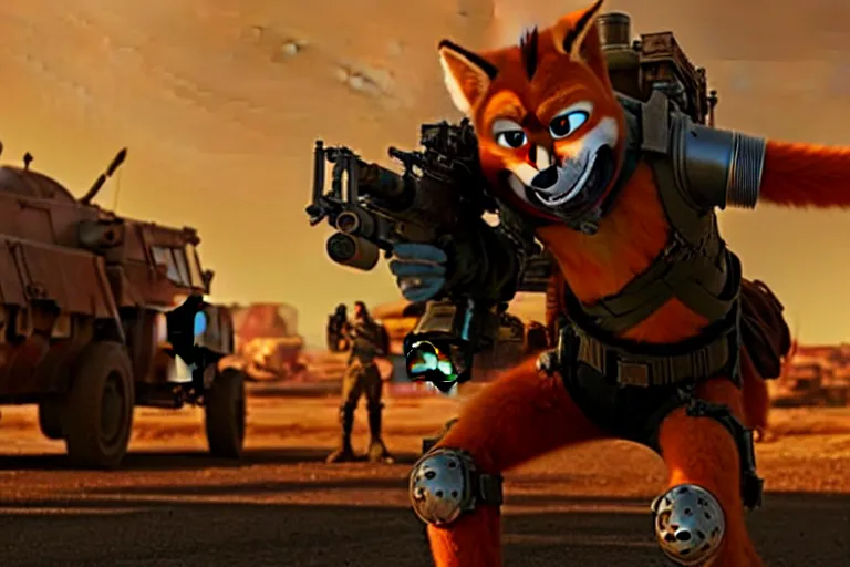 Image similar to nick wilde, heavily armed and armored facing down armageddon in a dark and gritty reboot from the makers of mad max : fury road : witness me