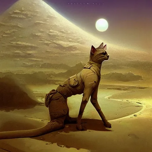 Prompt: A soldier cat in the green moonlit desert, surrealism, by Tyler Edlin and Jean Delville, by John Berkey and Filip Hodas, sci-fi concept art, Beeple, highly detailed, soft lighting, rendered in octane, by Roger Dean, by Dean Ellis, catholicpunk, german romanticism style, oil on canvas, cinematic lighting, vibrant, concept art, gothic, contrasting, nightscape,