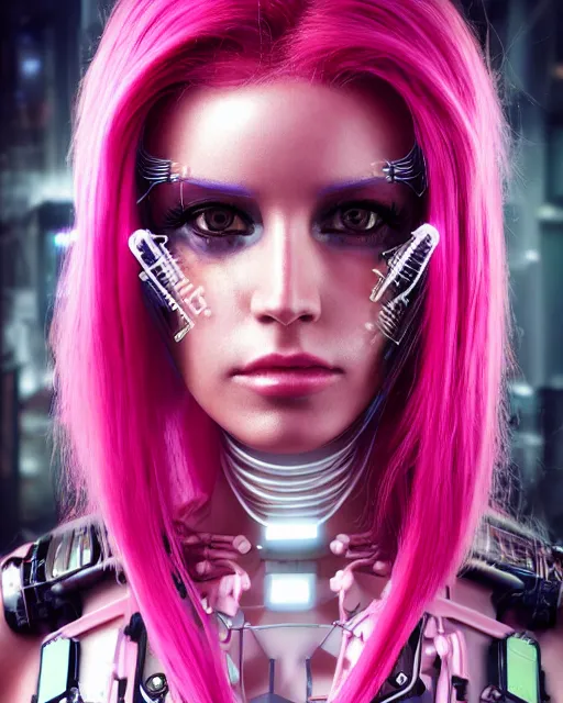 Image similar to portrait of a beautiful mexican woman with pink hair as a cyberpunk cyborg half robot, revealing wires and electronics, sci - fi, missing panels, intricate abstract upper body intricate artwork, concept art, octane render, deviantart, cinematic, key art, hyperrealism, iridescent accents, portrait photograph, nikon 3 5 mm, photograph by greg rutkowski