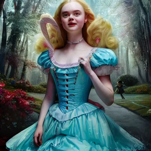 Prompt: a striking hyper real painting of Elle Fanning in Alice in Wonderland