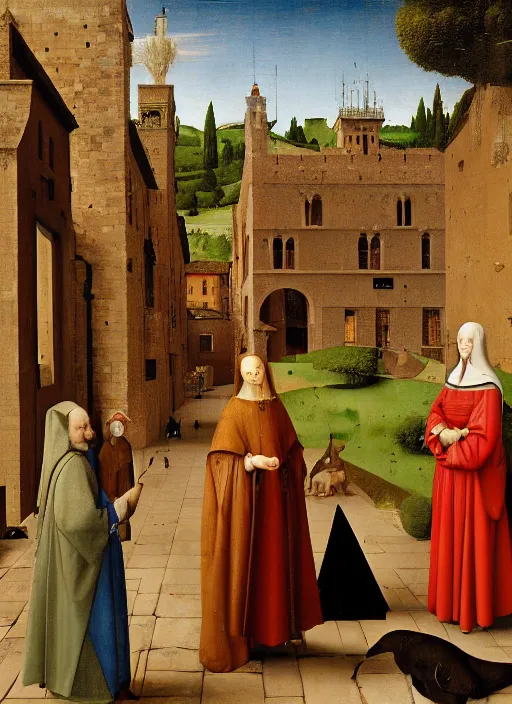 Image similar to Medici family in Tuscany by Jan van Eyck, Hieronymus Bosch, Johannes Vermeer 4k post-processing, highly detailed medieval painting