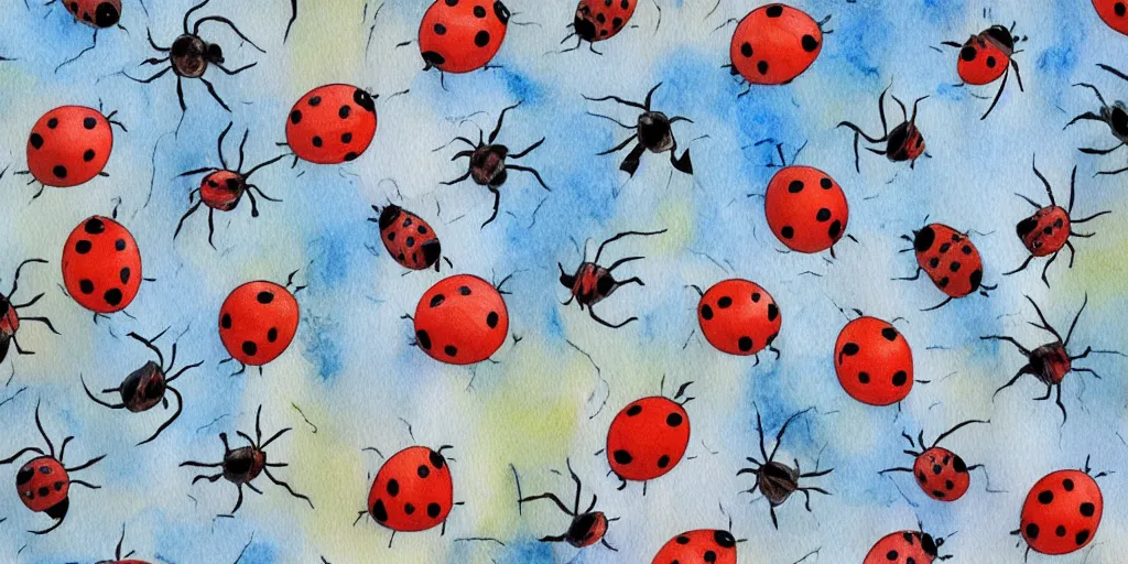 Prompt: shower curtain product catalog. wide - angle photo. on the curtain is a watercolor of the ladybugs battling the forces of evil. the water color has ink under drawing. wide - angle product photography of a shower curtain, product lighting. 4 k, highly detailed. saturated.