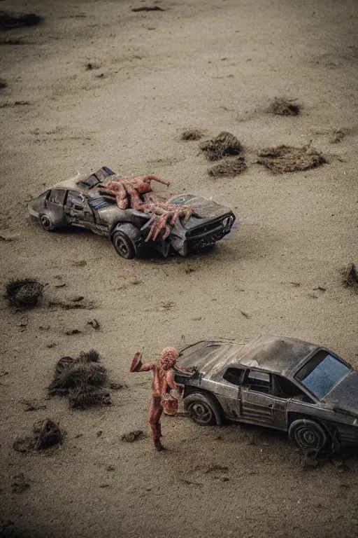 Prompt: Kodak portra 160, 8K, highly detailed, portrait, tilt shift, starfish pose: famous french actor in low budget mad max movie remake, car chase scene