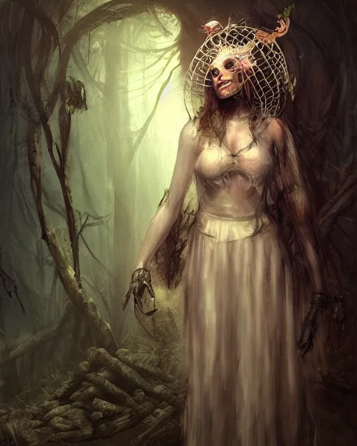 Image similar to Girl with a birdcage on her head, horror, forest. Unreal engine, fantasy art by Adolf von Menzel. Accurate expression, perfect anatomy GL, glowing light