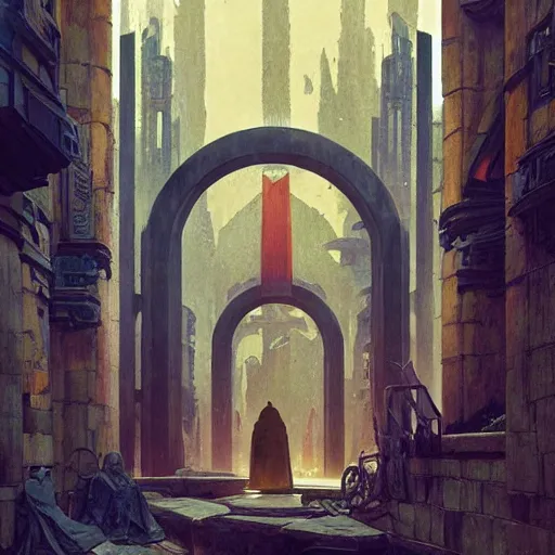 Image similar to art deco archway leading into arcology with studio ghibli wooden homeless medieval city built into it, science fiction concept art by greg rutkowski and wayne barlowe and alphonse mucha