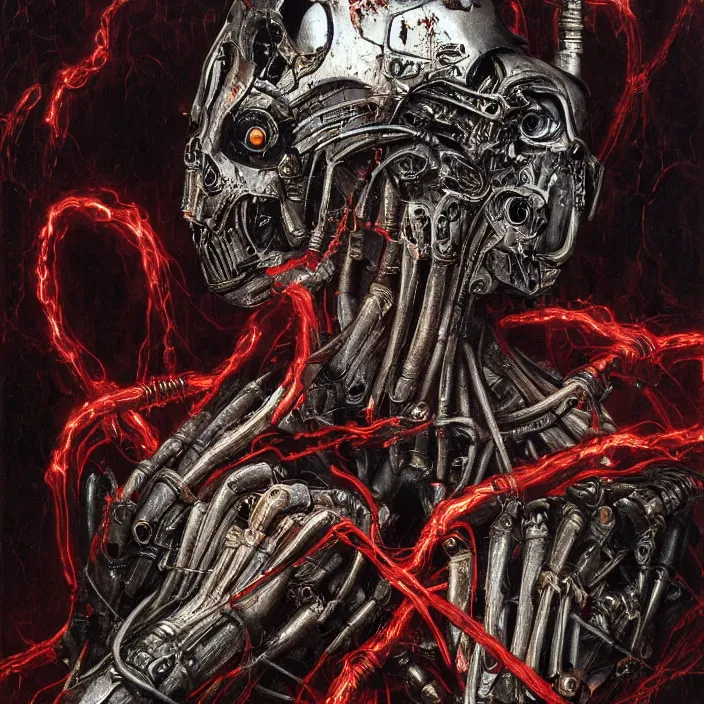 Prompt: in the art style of H.R. Giger a portrait of an evil, demented battle-damaged ruby Ultron from Age of Ultron, clockwork steampunk, head and chest only, by Beksinski, 4k, deviantart, trending on artstation, bio-chemical, bionic, fiber-optics, wires, electrical, short circuit, robocop, terminator, t-800, T-1000, endoskeleton, steampunk