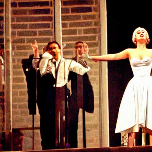 Image similar to lady gaga in Evita 1996, singing on the balcony