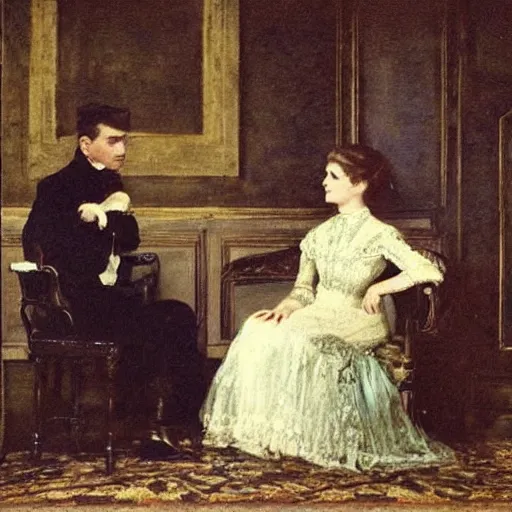 Prompt: young victorian man and woman solving an escape room riddle, sitting, thinking painted by alfred stevens