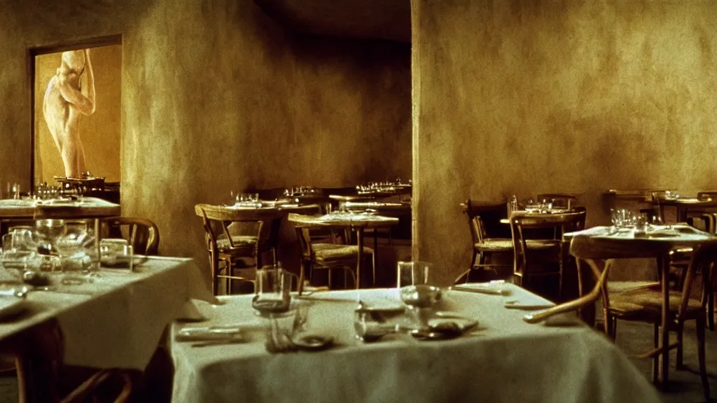 Prompt: the restaurant walls are bending, film still from the movie directed by denis villeneuve and david cronenberg with art direction by salvador dali and zdzisław beksinski, wide lens