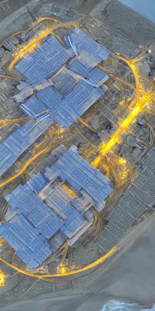 Prompt: controllable nuclear fusion power station built on the beach, bright lights, starry night, waves beating against the berm, high - tech, 8 k, high detail.