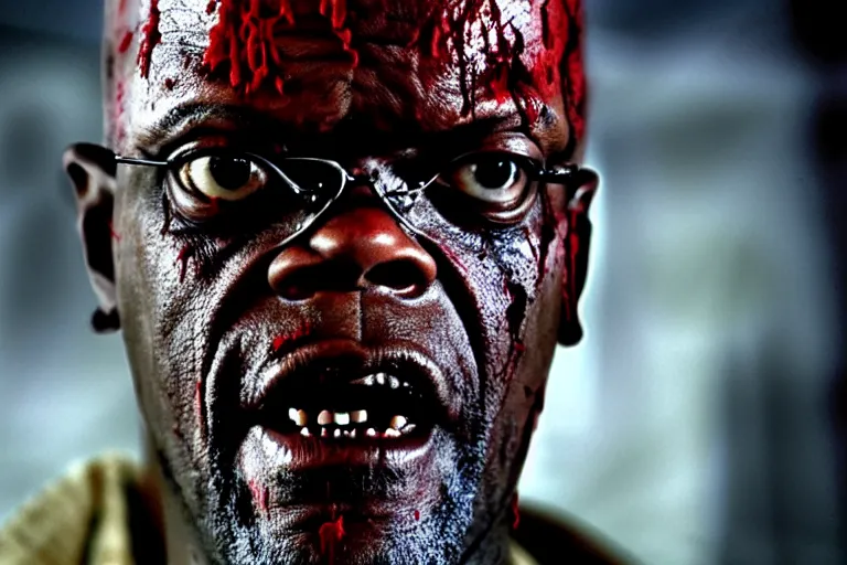 Image similar to samuel l. jackson as a zombie, blood, decay, cinematic lighting, portrait, medium shot, horror movie still