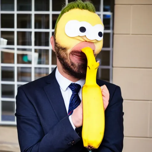 Image similar to a man wearing a suit banana head