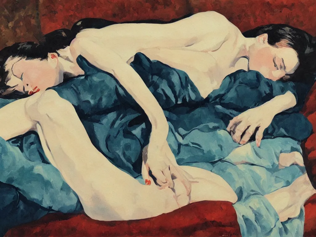 Prompt: sleeping lady in a heatwave, oil painting by coby whitmore