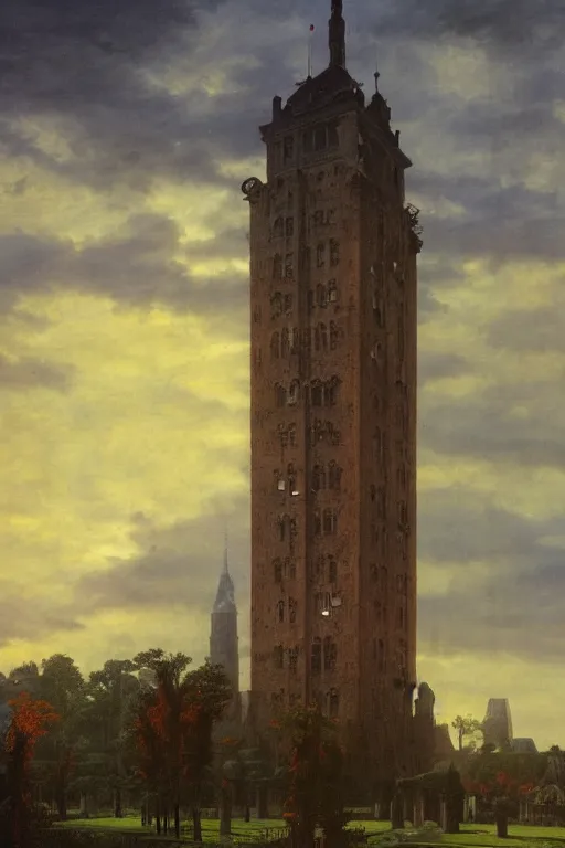 Prompt: view of the old tower and its gardens after a storm, tall windows lit up, beautiful ornamental architecture, dramatic cinematic lighting, rich colors, by Caspar David Friedrich and Diego Rivera, smooth, sharp focus, extremely detailed, featured on artstation