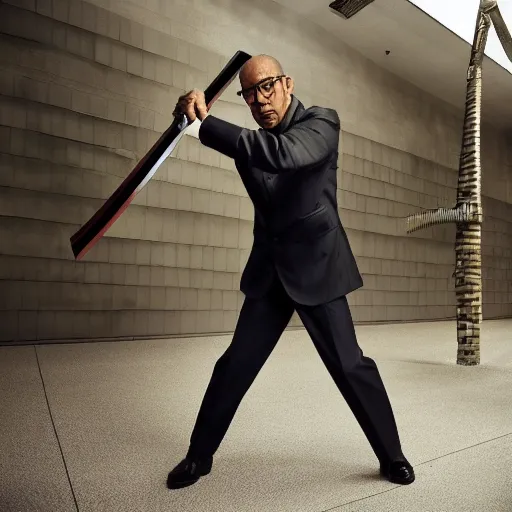 Prompt: Gus Fring wearing his work uniform holding a katana in a battle stance dramatic photograph