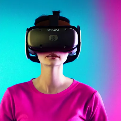 Image similar to realistic picture of female wearing virtual reality device cyan magenta background