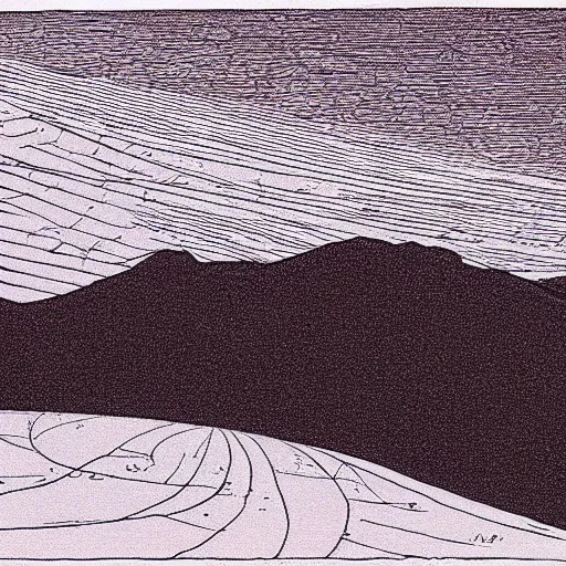 Image similar to sunset in a desert landscape, drawing by moebius