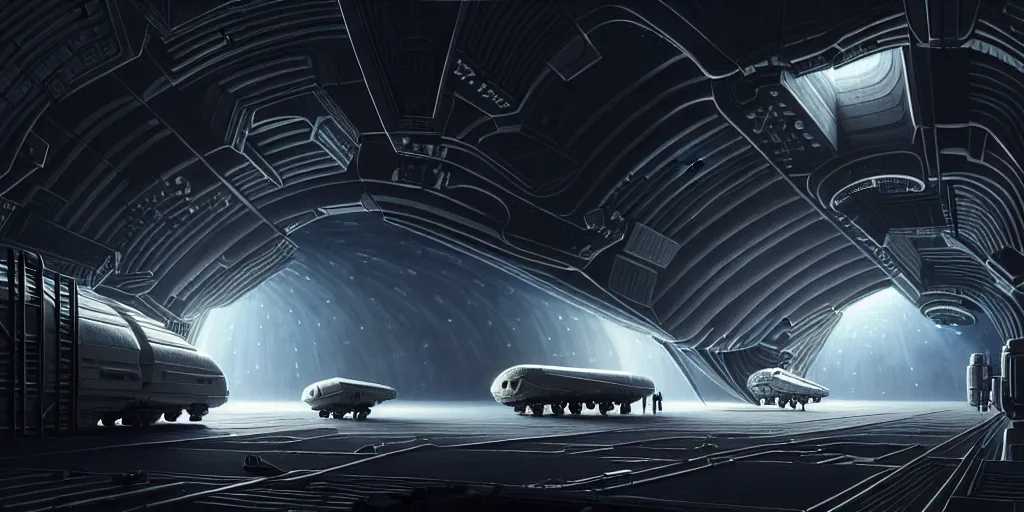 Image similar to an extremely detailed masterpiece epic scene of the inside of a cavernous spaceship cargo bay with various types of parked militarized spacecraft and an opened hanger door space scene in background, in the style of lebbeus woods, intricate, elegant, highly detailed, digital painting, artstation, cinematic lighting, extremely moody lighting, glowing light and shadow, 8 k