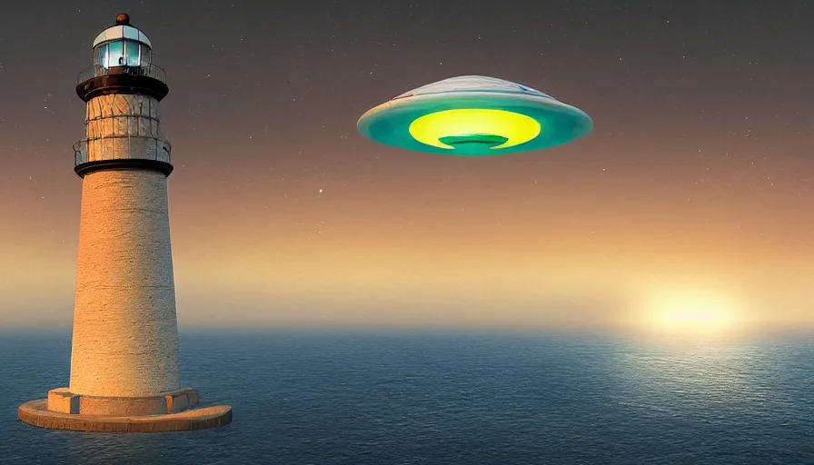 Image similar to a ufo hovers over a lighthouse out at sea, digital art, highly detailed, realistic, bright colors, 8 k