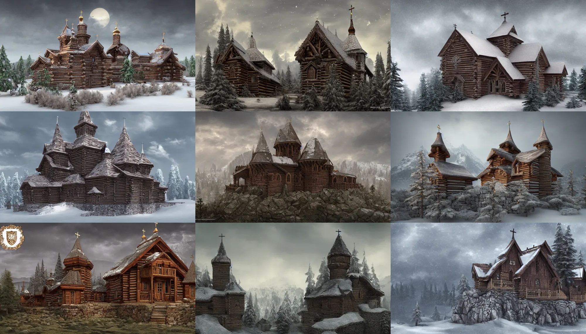 Prompt: tall castle enclosed palisaded, with christian wooden churches and domes on them, log houses built on snow hills, slavic, russian, slovenian, tartarian architecture, contrasting, gray skies, hyper - detailed, artstation, cgsociety, 8 k