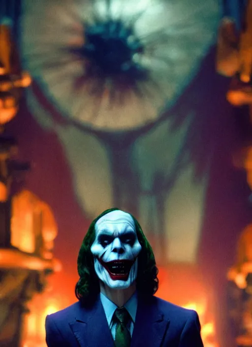 Image similar to movie still of skeletor as the joker in dark knight, 4 k