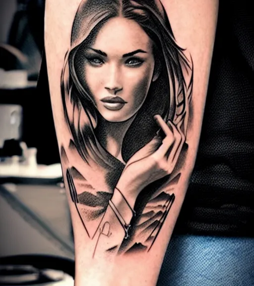 Image similar to double exposure effect tattoo design sketch of megan fox with beautiful mountain scenery, realism tattoo, in the style of matteo pasqualin, amazing detail, sharp