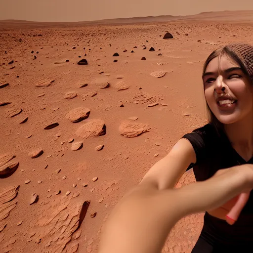 Prompt: a girl taking a selfie on mars, 8k, highly detailed skin, highly detailed face, photo