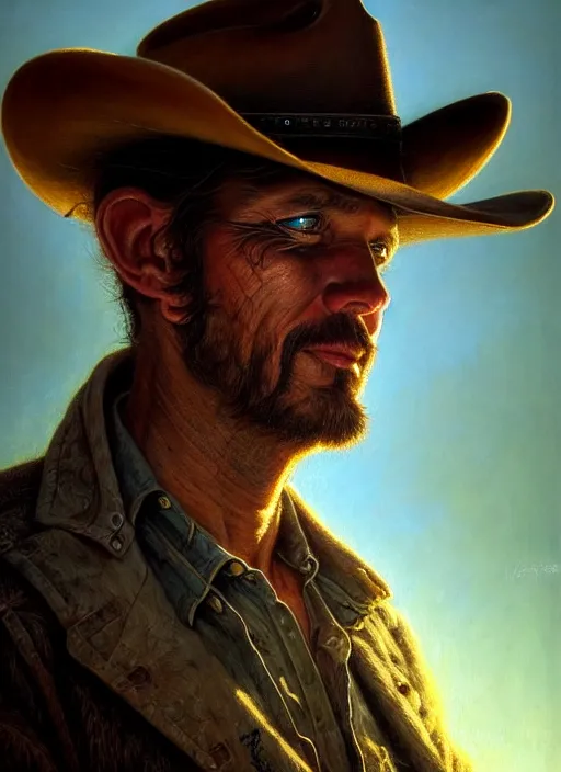 Image similar to closeup portrait shot of a cowboy in a scenic dystopian environment, intricate, elegant, highly detailed, centered, digital painting, artstation, backlit, concept art, smooth, sharp focus, illustration, artgerm, tomasz alen kopera, peter mohrbacher, donato giancola, joseph christian leyendecker, wlop, boris vallejo