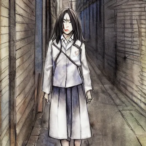 Image similar to a perfect, realistic professional digital sketch of a Japanese schoolgirl posing in a dystopian alleyway, style of Marvel, full length, by pen and watercolor, by a professional American senior artist on ArtStation, a high-quality hollywood-style sketch, on high-quality paper