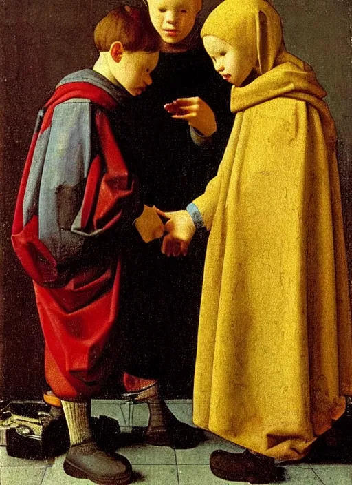 Image similar to Two little brothers meet a young man, medieval painting by Jan van Eyck, Johannes Vermeer, Florence