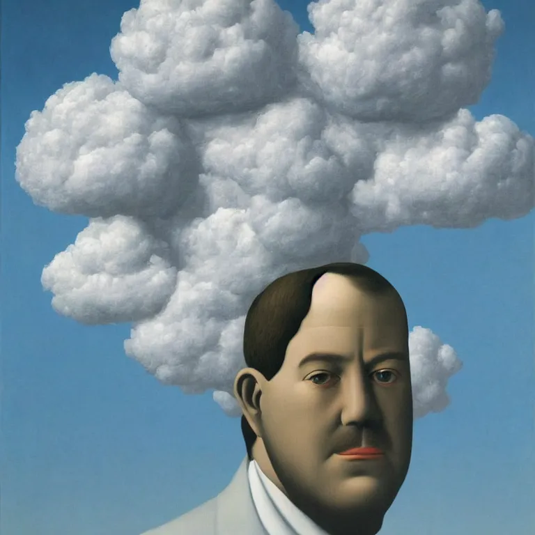 Prompt: portrait of a cloud faced man, by rene magritte, centered, detailed painting, hd, hq, high resolution, high detail, 4 k, 8 k