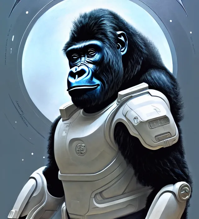 Image similar to a highly detailed science-fiction character portrait of a serious gorilla wearing a white armored space suit, intricate, wild, digital painting, artstation, concept art, smooth, sharp focus, illustration, art by artgerm and greg rutkowski and alphonse mucha, Art Nouveau