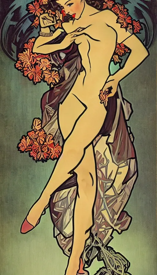 Prompt: full body cyberpunk beautiful woman in the style of a 1 9 4 0 s oil painted pin - up, alphonse mucha