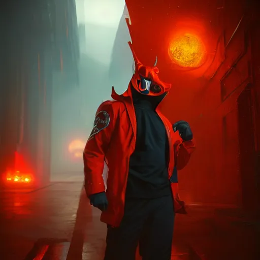 Image similar to villain wearing a red oni mask, orange jacket, dark background, unreal engine 5, ultra realistic, detailed, fog, volumetric lighting, by greg rutkowski,