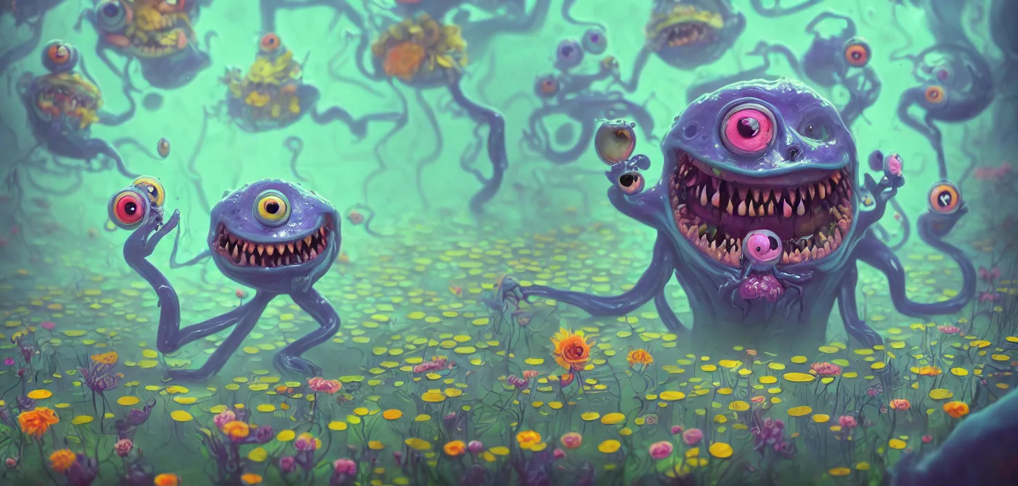 Prompt: intricate colourful murky nature with strange cute friendly happy crazy monsters with huge beauty cute eyes triangle teeth and scary face appearing from the flowers in water, in the style of craola, shallow depth of field, highly detailed, digital painting, trending artstation, concept art, illustration, cinematic lighting, vibrant colors, photorealism, epic, octane render