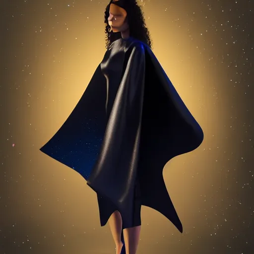 Image similar to woman wearing a cape made of the night sky, full body, elegent, portrait, octane render, radiant lighting, digital painting