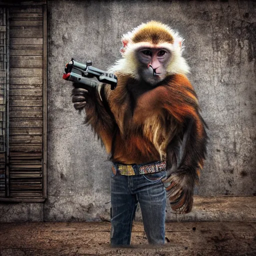 Image similar to realistic photo, a monkey holding a gun dressed as a cowboy, post apocalyptic city