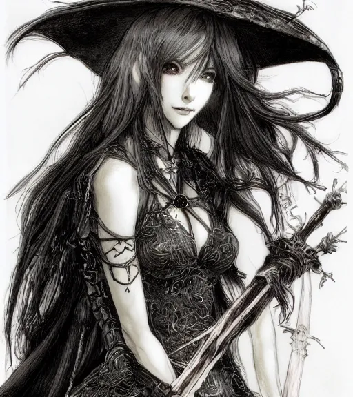 Prompt: portrait of anime succubus with long hair wearing a witch hat, holding a magic staff designed by yoshitaka amano, pen and ink, intricate line drawings, by craig mullins, ruan jia, kentaro miura, greg rutkowski, loundraw