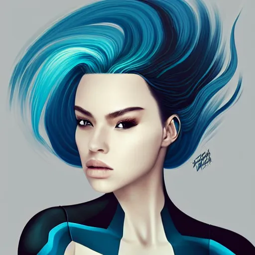 Image similar to a stunning upper body portrait of a beautiful young woman wearing futuristic deep black battle bodyarmor with ombre navy blue teal hairstyle blowing in the wind by marvel comics, digital art, trending on artstation