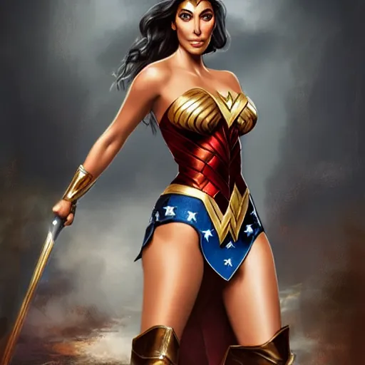 Image similar to kim kardashian as wonder woman, digital painting, extremely detailed, 4 k, intricate, brush strokes, mark arian, artgerm, bastien lecouffe - deharme