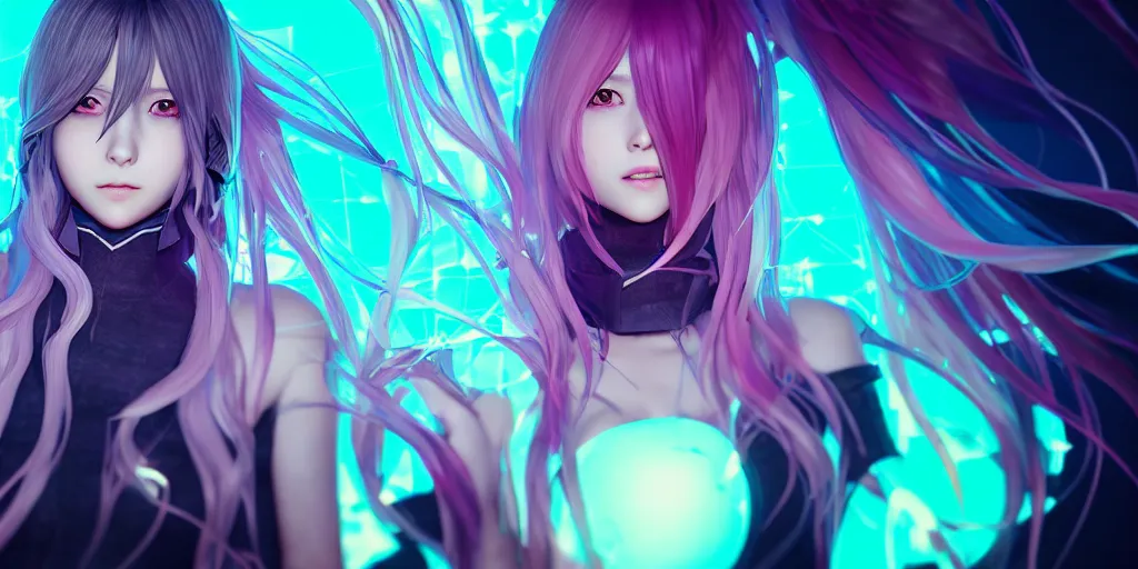 Image similar to beautiful portrait of a woman with pastel long hair floating in the air with her eyes open facing the camera centered with studio headphones on in the style of a code vein character, momo from twice in code vein in the style of WLOP, artgerm, yasutomo oka, rendered in unreal engine and redshift octane , background is surrounded by epic neon glitch effect digital art dynamic dramatic lighting, soft lighting, imagine fx, artstation, cgsociety, by Bandai Namco artist,