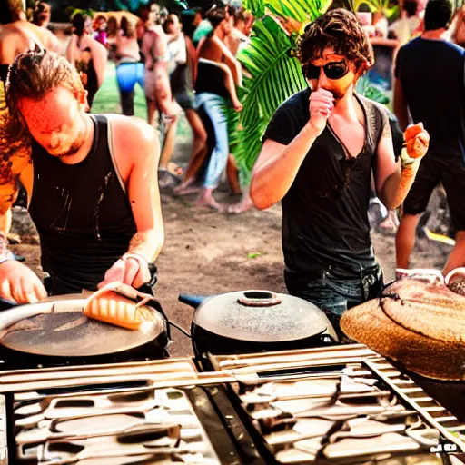 Image similar to scandy and arender, cooking it up, hot hot hot, splash, ahhhhhhh, roomies, bohemian digitals, playing a live gig at ozora festival, no faces visible, huge crowd, ecstatic, photography