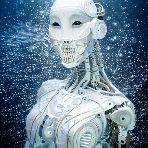 Image similar to beautiful centered fine art photo portrait of hoyeon jung as a solarpunk robotic humanoid treading on water below, white mechanical parts with led lights, ultra - detailed and intricate, white background, sun lighting, soft focus, slow exposure hdr 8 k