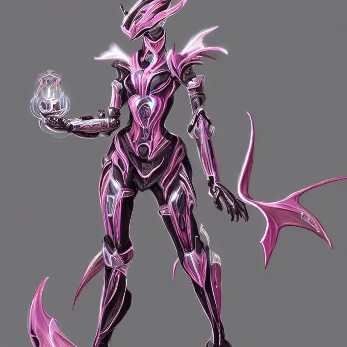 Image similar to highly detailed exquisite fanart, of a beautiful female warframe, but as a stunning anthropomorphic robot female dragon, standing elegantly with hand on hip, shining reflective off-white plated armor, slick elegant design, bright Fuchsia skin, sharp claws, close full body shot, epic cinematic shot, realistic, professional digital art, high end digital art, DeviantArt, artstation, Furaffinity, 8k HD render, epic lighting, depth of field