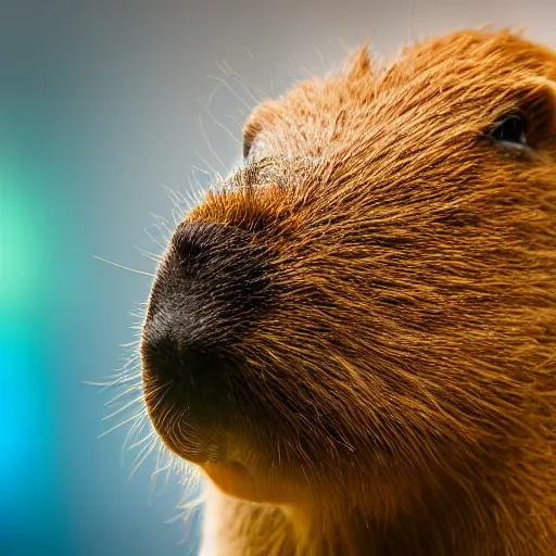 Image similar to cute capybara eating a neon nvidia gpu, chewing on a video card, cooling fans, soft blue lights, wildlife photography, bokeh, sharp focus, 3 5 mm, taken by sony a 7 r, 4 k, award winning